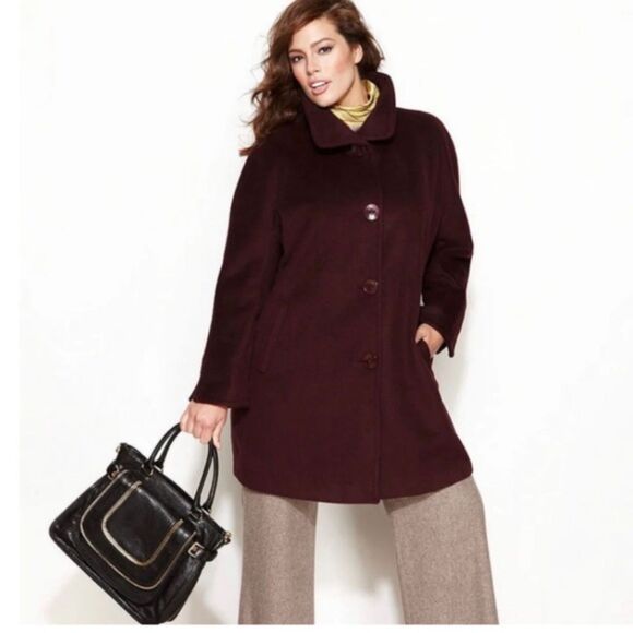 Ellen Tracy Mid Length Bordeaux Burgundy Wool Blend Pea Coat Women Jacket (Sz10) - Picture 1 of 12